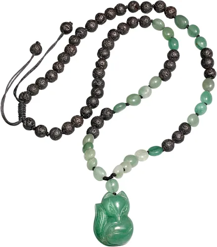 Lightock Collares con colgante de zorro de jade de aventurina verde para mujer, cuerda trenzada de piedra de lava, difusores de aceite esencial,