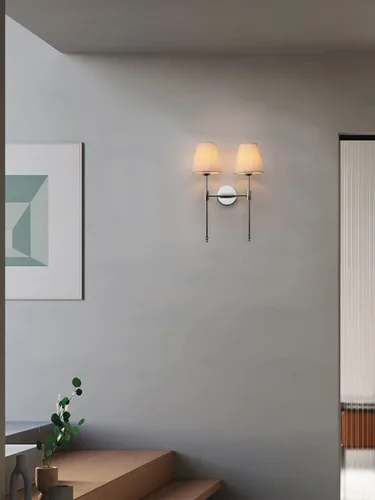 Miniatura 2 de PERMO Lámpara de pared doble clásica cromada 2 luces con pantalla de tela blanca acampanada para montaje en pared rústico