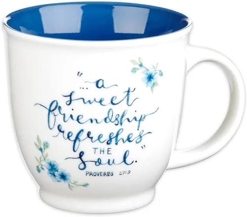 Taza de cerámica de arte cristiano azul floral – 14 oz. Taza de café y té inspiradora con escrituras bíblicas apta para microondas y lavavajillas