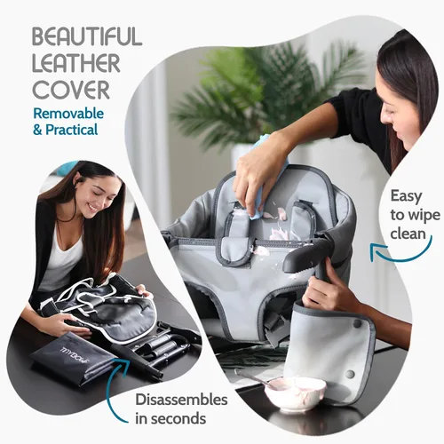 Miniatura 6 de Elegante silla alta de piel sintética con gancho para bebé, asiento de bebé portátil para comer, viajar y accesorio de mesa Gris