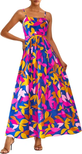 PRETTYGARDEN Vestido largo de verano para mujer, con tirantes delgados, bohemio, floral, a rayas, para invitadas de boda, playa, vacaciones, vestido