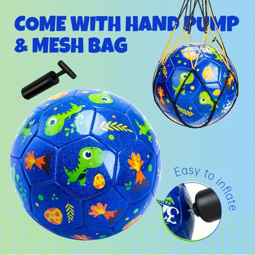 Miniatura 4 de INPODAK Balón de fútbol para niños pequeños, tamaño 3, bola azul de dinosaurio de dibujos animados para niños de 2 a 8 años con bomba, bolsa