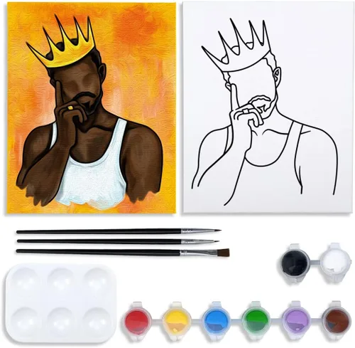 Nuberlic Lienzo predibujado para pintar para adultos, kit de pintura y sorbos, lienzo preestirado con imágenes para pintar Afro King, suministros de