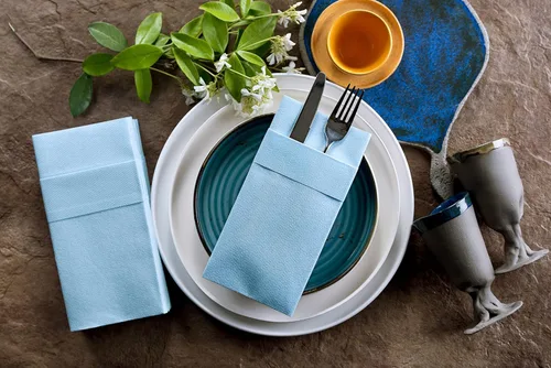 Miniatura 2 de Servilletas de papel desechables azul bebé con bolsillo incorporado para cubiertos, servilletas de tacto de lino absorbentes para cocina, baño