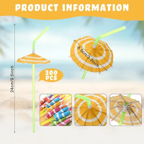 Miniatura 3 de Sieral 300 popotes para sombrillas, para decoración de fiesta Luau, pajitas de cóctel hawaianas flexibles con paraguas, popotes desechables
