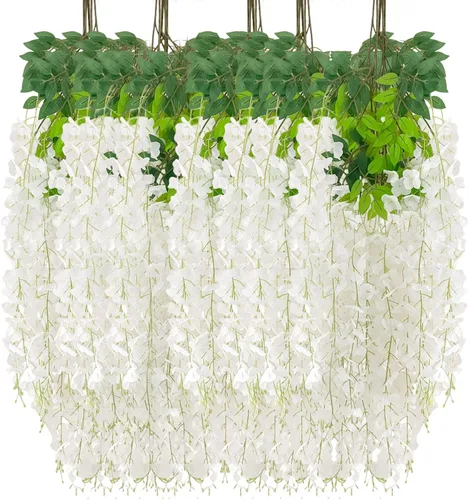 Miniatura 45 de Paquete de 12 guirnaldas de flores colgantes de glicina blanca, enredaderas de flores artificiales de 3.77 pies, glicinia falsa, guirnalda colgante