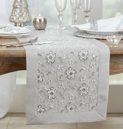 Miniatura 3 de SARO LIFESTYLE Camino de mesa bordado floral, plateado, 16"x120