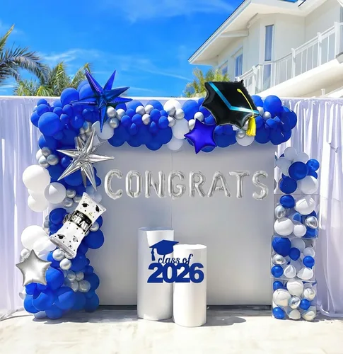 Kit de arco de globos de graduación 2026, decoraciones de fiesta azul real y plateado: diploma de aluminio, letras de felicitación, globos de Azul