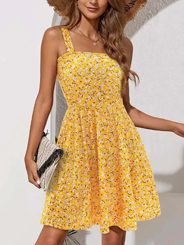 Miniatura 3 de HUHOT Vestido de verano con cuello cuadrado para mujer, con bolsillo, lindo, sin mangas, cintura alta, acampanado, vestido midi