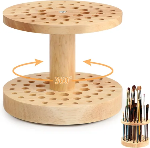 Soporte para pinceles de pintura de 52 agujeros, organizador de pinceles de pintura giratorio de 360°, soporte de almacenamiento de madera dura para