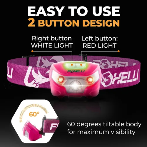 Miniatura 5 de Foxelli Faro LED recargable USB-C – Lámpara de cabeza súper brillante y ligera para correr, acampar, senderismo y trabajo – Ajuste cómodo para Rosa