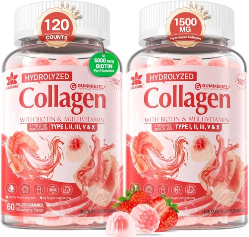 Paquete de 2 gomitas rellenas de péptido de colágeno hidrolizado sin azúcar para mujeres y hombres, con 1500 mg de proteína tipo I, II, III, V, X,