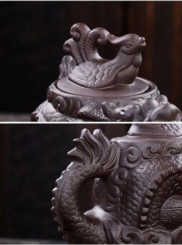 Miniatura 5 de Auténtica tetera Yixing Dragón y Fénix Tetera de gran capacidad Juego de té de arcilla morada, tetera Kung Fu (negro)