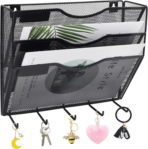 Miniatura 59 de EASEPRES Organizador de archivos de malla de 3 bolsillos para colgar en la pared, carpeta de papel para correo montada en la pared, organizador