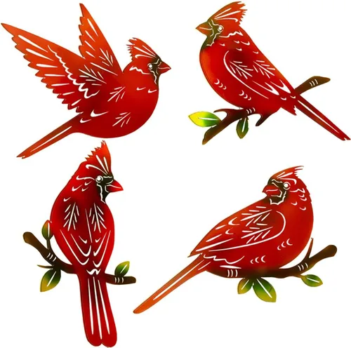 Miniatura 2 de Paquete de 4 piezas de arte de pared cardenal de metal, decoración de pájaros de metal 3D, adornos hechos a mano, pájaro rojo ágil, regalos
