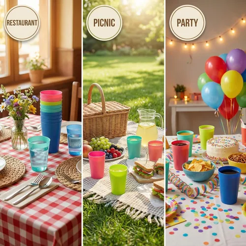 Miniatura 6 de Vasos de plástico de 32 onzas, reutilizables, aptos para lavavajillas, sin BPA, juego de 12 vasos multicolor grandes para beber Colores pastel neón