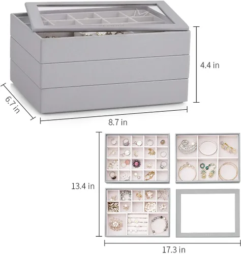 Miniatura 6 de Vlando - Bandeja organizadora de joyas apilable de gran capacidad organizador de cajones bandeja de exhibición caja para anillos aretes collares