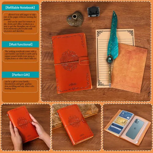 Miniatura 7 de Aifeiter - Set de pluma estilográfica y tinta, juego de caligrafía con pluma de ave y sello de cera, cuaderno - Hermoso regalo para Navidad - Verde
