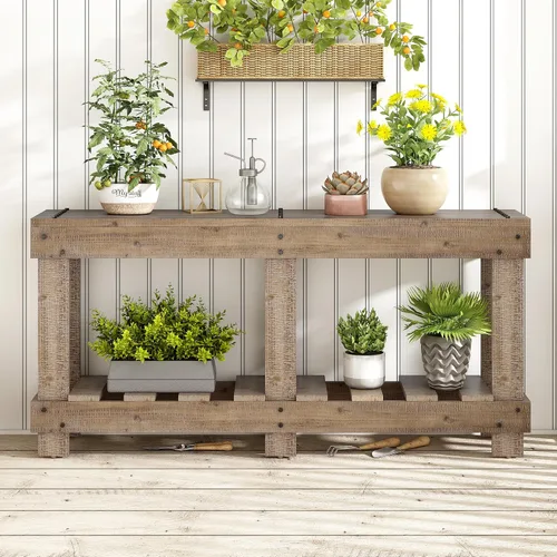 Miniatura 10 de Elegante mesa consola de 63 pulgadas con chapa de pino y patas geométricas, aparador de buffet versátil, mesa auxiliar de madera extra larga