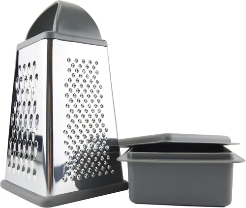 Tovolo Rallador de caja con contenedor de almacenamiento, triturador de queso de acero inoxidable de 4 caras para triturar verduras, jengibre y