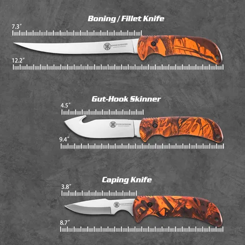 Miniatura 3 de KNINE OUTDOORS Juego de Cuchillos para Caza de Venado Kit de Preparación en Campo Juego de Procesador de Caza Portátil Mango de Camuflaje Arce Rojo