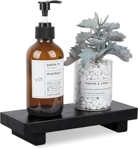 Organizador de encimera de baño, soporte de pedestal de madera, bandeja decorativa de estilo granja, portajabones para decoración de cocina, Negro