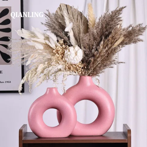 Miniatura 6 de Juego de 2 o 2 jarrones redondos de cerámica rosa, modernos jarrones rosados para centros de mesa, florero para decoración, se aplica a la sala