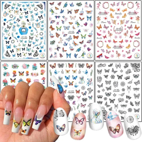 Miniatura 10 de Grandes calcomanías de mariposas para uñas, calcomanías de mariposas grandes 3D para uñas, calcomanías autoadhesivas de diseños de mariposas