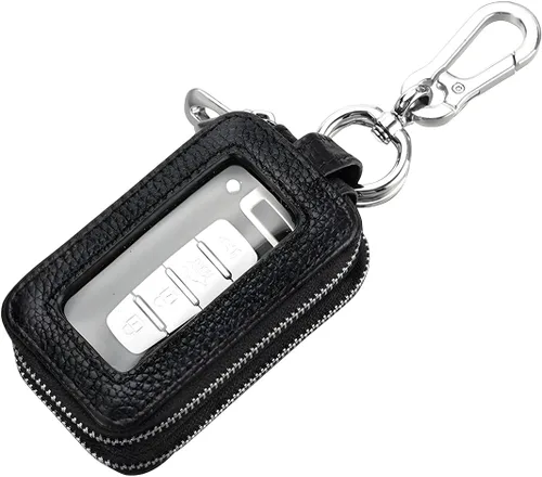 BELOMI Funda para llave de coche, llavero de cuero genuino con cuerda y cierre de cremallera, funda protectora para llaves para hombres y mujeres
