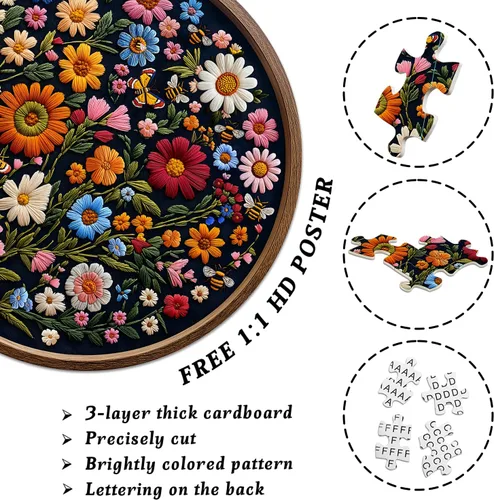 Miniatura 3 de Rompecabezas vintage de flores silvestres para adultos de 1000 piezas, rompecabezas redondo de mariposa abeja planta arte de la naturaleza