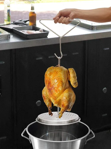 Miniatura 4 de Juego de estante para freidora de pollo para pavos, estante para freír y gancho elevador de mango, soporte vertical de acero inoxidable, bandeja