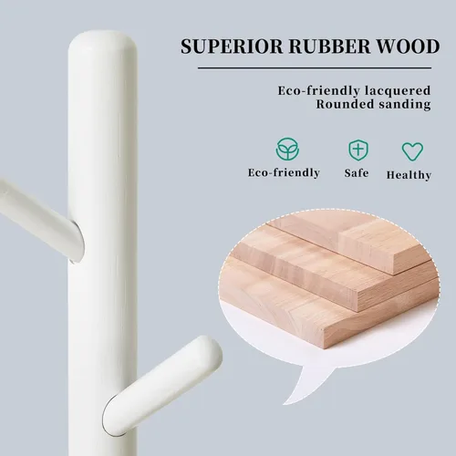 Miniatura 4 de Aibiju Perchero de pie para abrigos Blanco con 8 ganchos y 3 opciones de altura, árbol para abrigos de madera para niños con base redonda