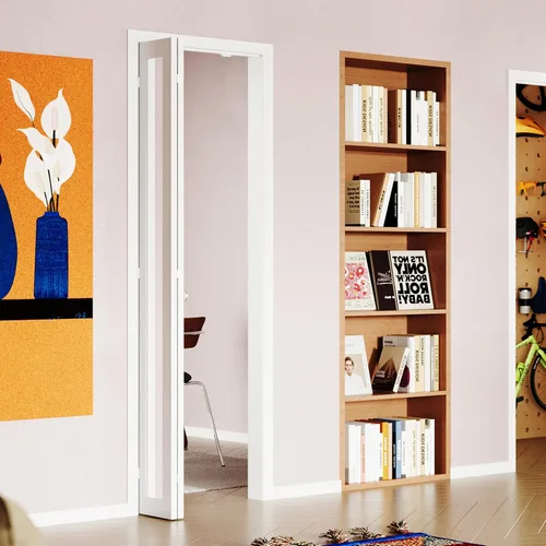 Miniatura 37 de Puerta plegable de 180 grados, para aberturas de 30 ″ x 80 ″, puerta plegable esmerilada blanca 3-Lite con bisagras, juego de herrajes para puertas