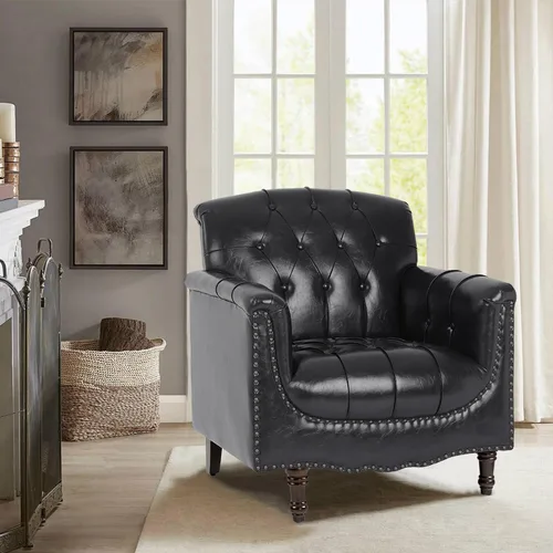 Miniatura 7 de Pia Ricco Silla decorativa moderna copetuda, sillón individual de piel sintética con ribete de cabeza de clavo y patas de madera, cómodo asiento