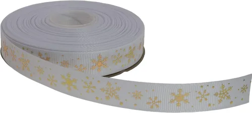 Miniatura 6 de Cinta de grogrén de copo de nieve con impresión dorada de 25 yardas cada rollo, borde tejido 100% poliéster (3/8 pulgadas, beige)