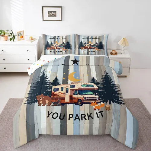 Miniatura 14 de Juego de ropa de cama de campamento para niños, tamaño individual, juego de edredón de gnomos kawaii para niños y niñas, edredón vintage de madera
