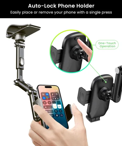 Miniatura 4 de Karmus Soporte de teléfono para visera solar para automóvil, soporte de teléfono con clip de aleación de aluminio con bloqueo automático, rotación