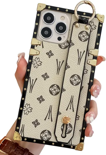 Miniatura 16 de Funda rectangular de cuero compatible con 11 con correa para muñeca, funda de diseñador de lujo para mujeres y niñas, funda protectora con soporte