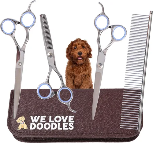 Kit de tijeras para aseo de perros - Mejores herramientas para Goldendoodles, Poodles y Doodles - Tijeras rectas, curvadas y de adelgazamiento - Kit