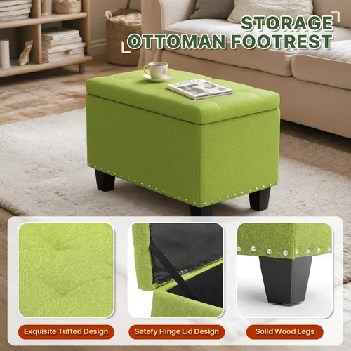 Miniatura 5 de MoNiBloom Banco otomano de 24 pulgadas con almacenamiento para dormitorio, banco contemporáneo de lino verde copetudo, reposapiés, taburete otomano