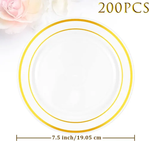 Miniatura 2 de Sieral 200 platos desechables de plástico para fiestas con borde de plástico duro, aperitivo, ensalada, postre de 7.5 pulgadas, elegante vajilla