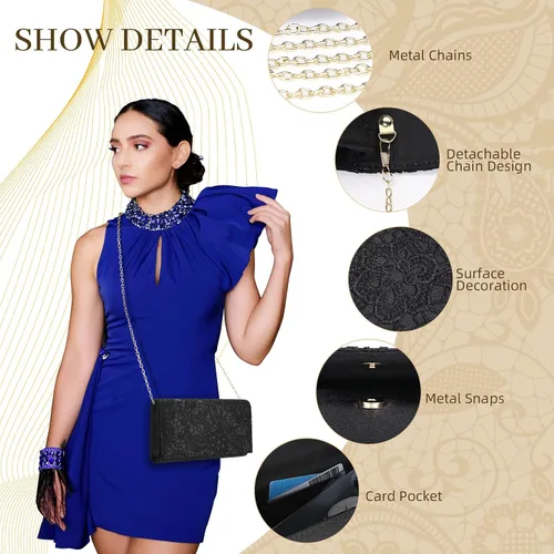 Miniatura 5 de UBORSE Elegante bolso de mano de encaje floral para mujer, bolso de noche, sobre bolso de embrague, boda, baile de graduación, monederos de fiesta