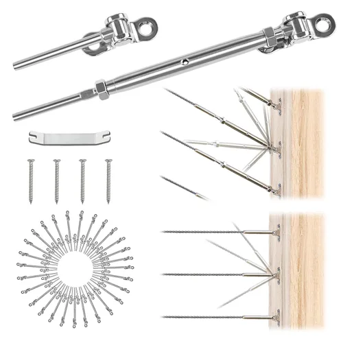 Miniatura 8 de Muzata 20 pares de barandillas de cable de 1/8 pulgadas, kit de tornillos, tensor de palanca para poste de madera, acero inoxidable T316, sistema