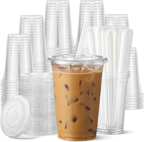 AOZITA Paquete de 100 vasos de plástico transparente de 20 onzas con tapas y pajitas, tazas de café helado desechables aptas para alimentos para