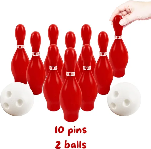 Miniatura 6 de 4E's Novelty Juego de bolos para el día de San Valentín, 10 pines rojos, 2 bolas, juego de carnaval para interiores y exteriores, juegos de fiesta