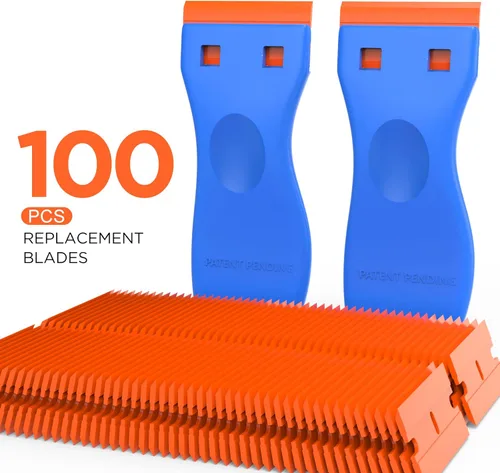 Miniatura 4 de Herramienta raspadora de cuchillas de afeitar de plástico, paquete de 2 removedores de pintura de pared con 100 cuchillas de plástico, kit de Azul