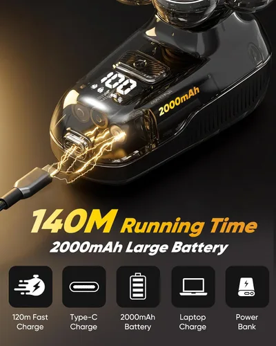 Miniatura 7 de Afeitadora de cabeza para hombres calvos, afeitadora flotante 7D de cabeza calva 5 en 1, maquinilla de afeitar eléctrica húmeda/seca con pantalla