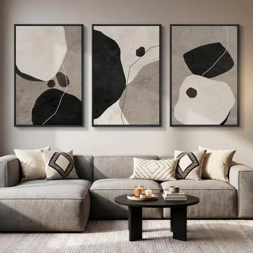 Miniatura 18 de Arte de pared abstracto neutro con marco grande para sala de estar, 3 piezas, impresiones modernas en lienzo para paredes, cuadros negros y beige