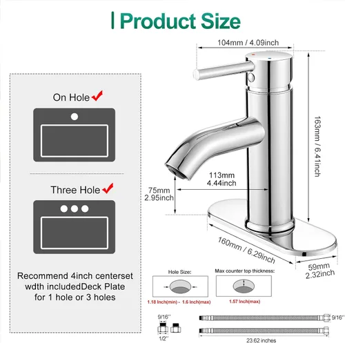 Miniatura 5 de VOTON Grifo de baño moderno cromado con una sola manija un agujero grifo de lavabo comercial lavatorio grifo de lavabo de tocador con mangueras