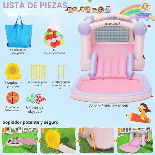 Miniatura 4 de AKEYDIY Pastel Dream Casa de Rebote para Niños de 3-10, Casa de Rebote de Agua de 161x82x63 pulgadas con Tobogán, Piscina de Pelotas/Foso